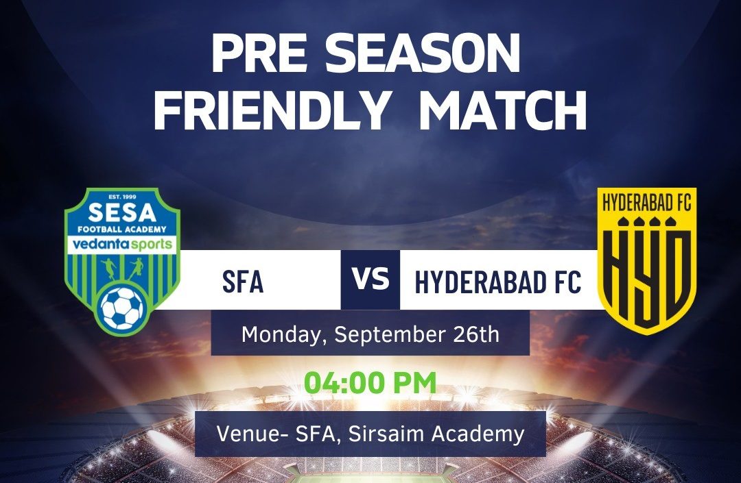 Come join us for a friendly match between Hyderabad FC ISL team and Sesa Football Academy team at Sirsaim today! See you there.